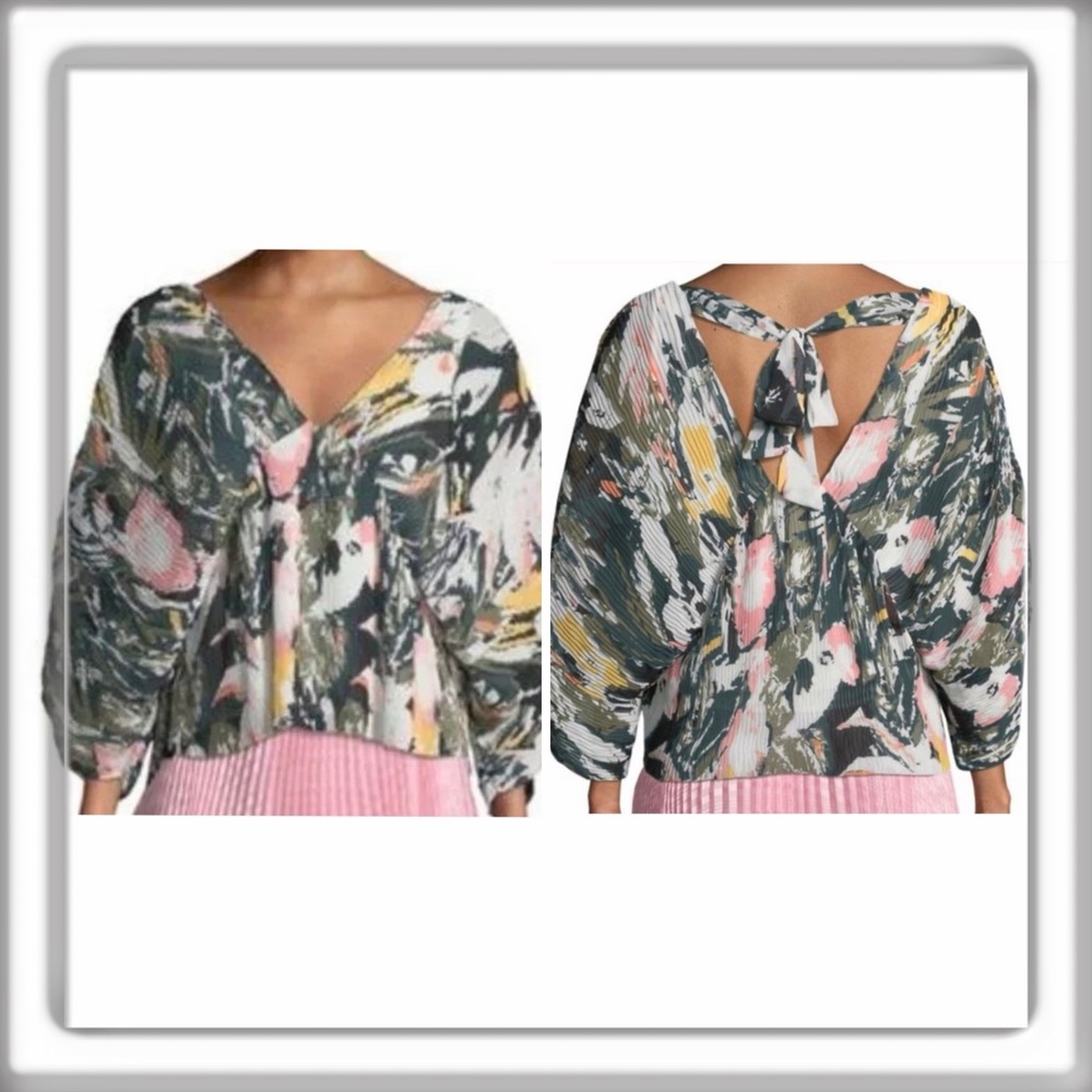 Club Monaco Whitean Crinkle Floral Print Top Kimono Sleeve Back Tie Size Small